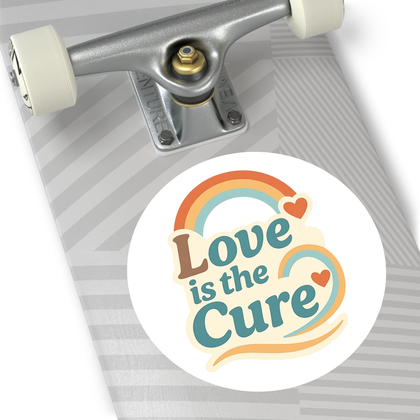 Love Is the Cure Round Vinyl Sticker — Retro Rainbow Heart Sticker