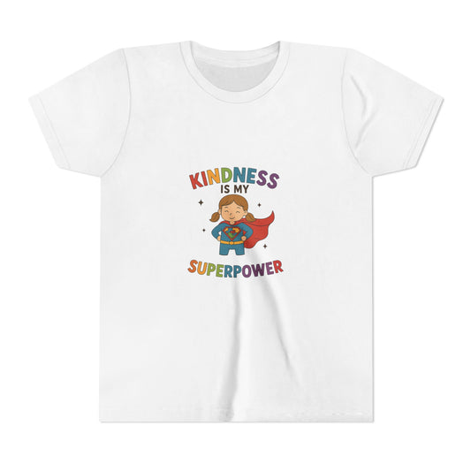 Youth Tee — "Kindness Is My Superpower" Kids Graphic Shirt (Superhero Rainbow) - Our Life in Color: Parenting Beyond The Lines