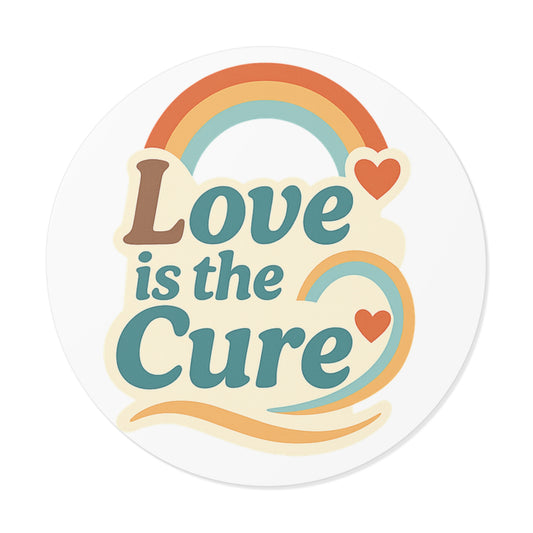 Love Is the Cure Round Vinyl Sticker — Retro Rainbow Heart Sticker