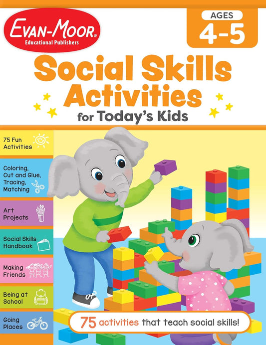 Evan-Moor Social Skills Activities for Today’s Kids, Workbook, Ages 4-5, Making Friends, Going to School, Talking and Listening, Eating, Playing, Following Rules, Healthy Choices, Body Language